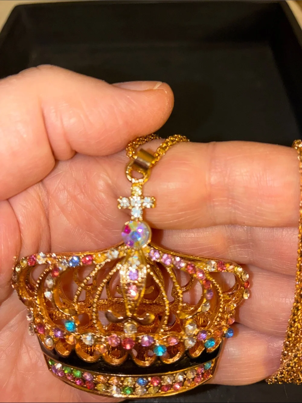 Gold Crown Pendant Necklace with Multicolor Crystals
